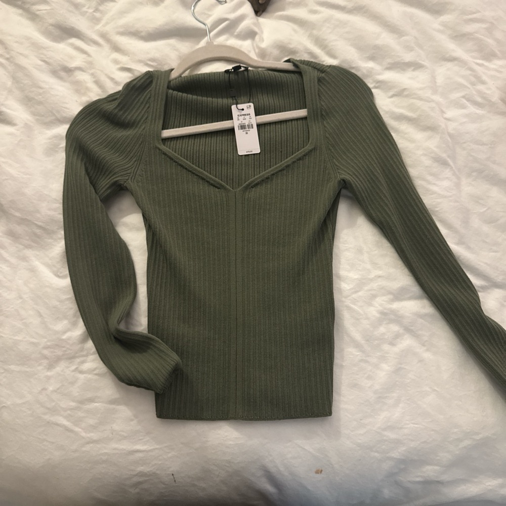 Express Olive Green Ribbed Square-Neck Long Sleeve Top